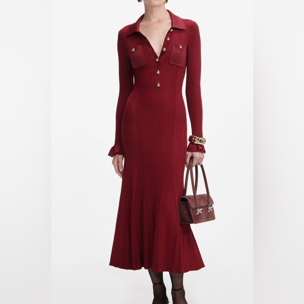Self-Portrait Burgundy Ribbed Maxi Dress with Gold Buttons